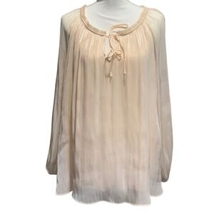 LC Lauren Conrad Blouse Top Womens Long Sleeve Tie Neck‎ Beige Sheer